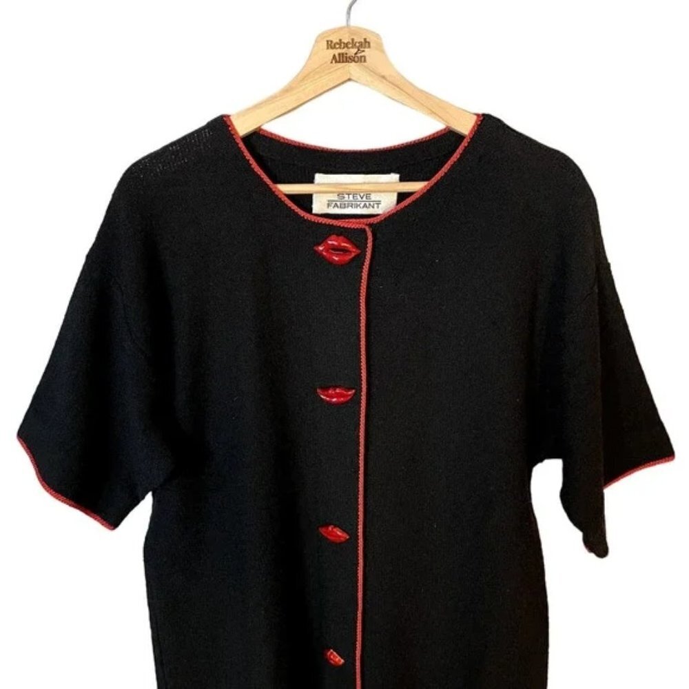 Steve Fabrikant Red Lips Funky Vintage Black Wool Short Sleeve Midi Dress SZ 10
